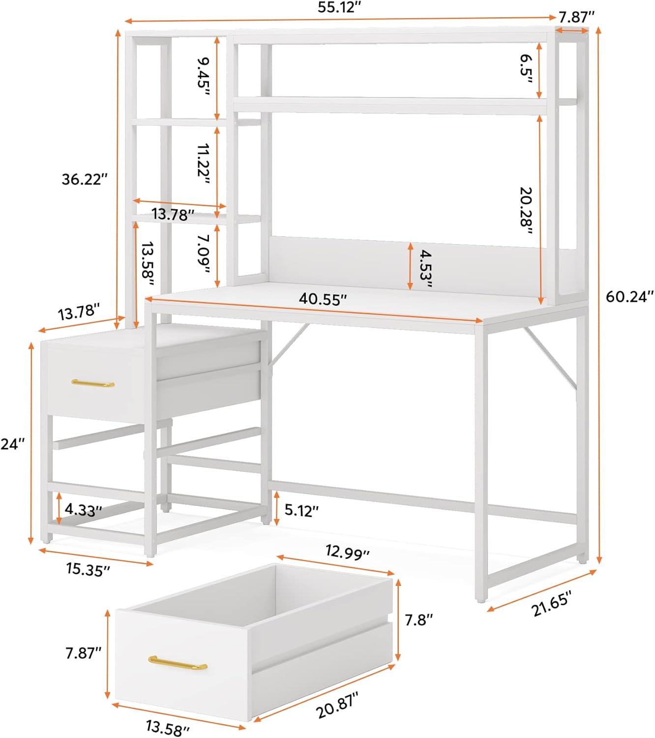 55 Inches White Computer Desk with Hutch, 2 Drawers & Open Shelves – Modern Home Office Desk with Storage, Writing & Gaming Workstation for Study, Bedroom or Small Spaces