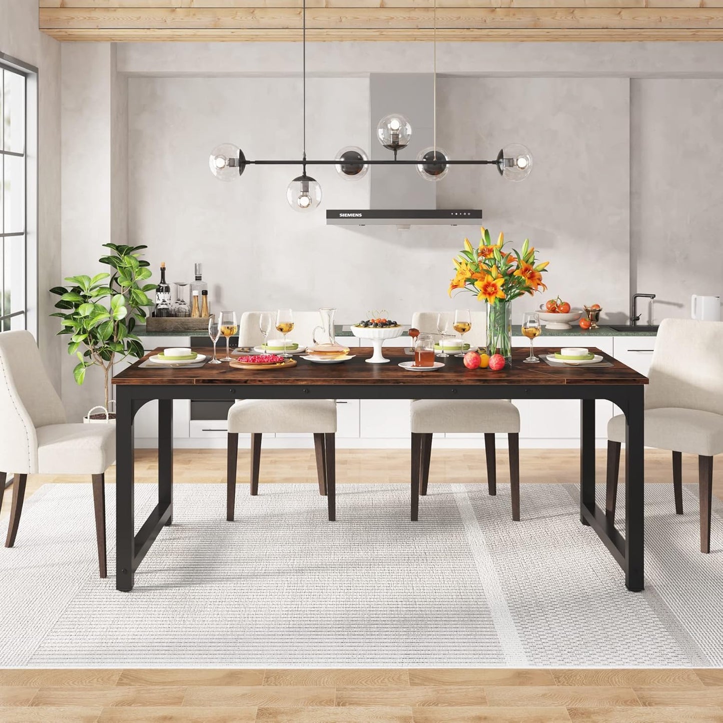 71" Industrial Dining Table for 6–8 People, Rustic Rectangular Kitchen & Dining Room Table with Heavy-Duty Metal Frame, Workstation or Game Night – Rustic Brown & Black