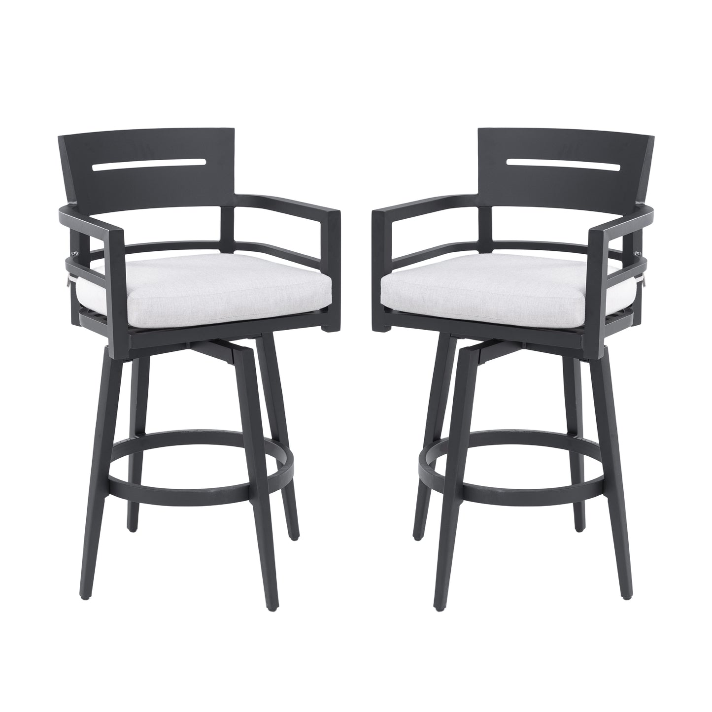 Modern Outdoor 2-Piece Swivel Bar Chairs – Aluminum Frame with Ember Black, 360° Swivel, Ergonomic Backrest & Armrests, Tapered Legs, Sunbrella Cushion, Weather-Resistant & Durable Patio Bar Stool