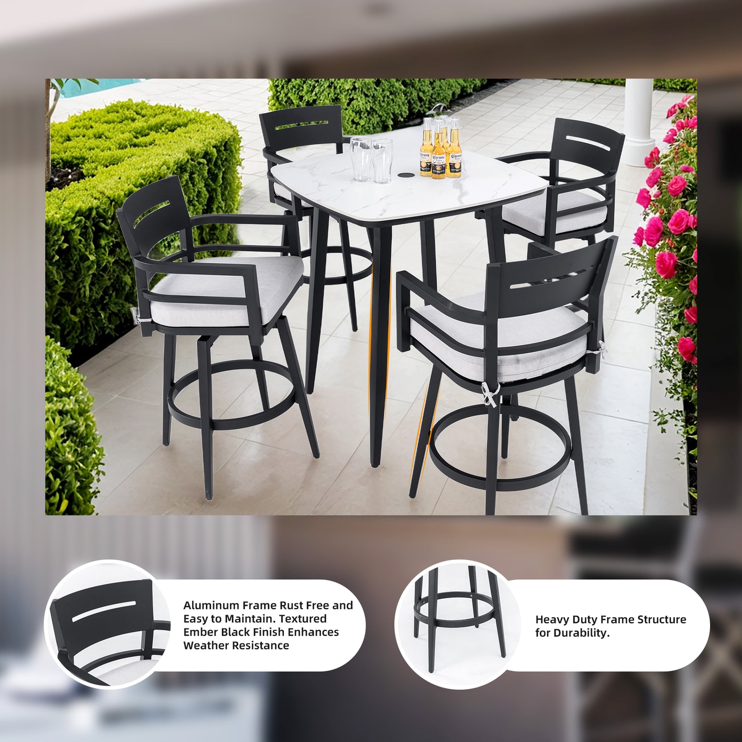 Modern Outdoor 2-Piece Swivel Bar Chairs – Aluminum Frame with Ember Black, 360° Swivel, Ergonomic Backrest & Armrests, Tapered Legs, Sunbrella Cushion, Weather-Resistant & Durable Patio Bar Stool