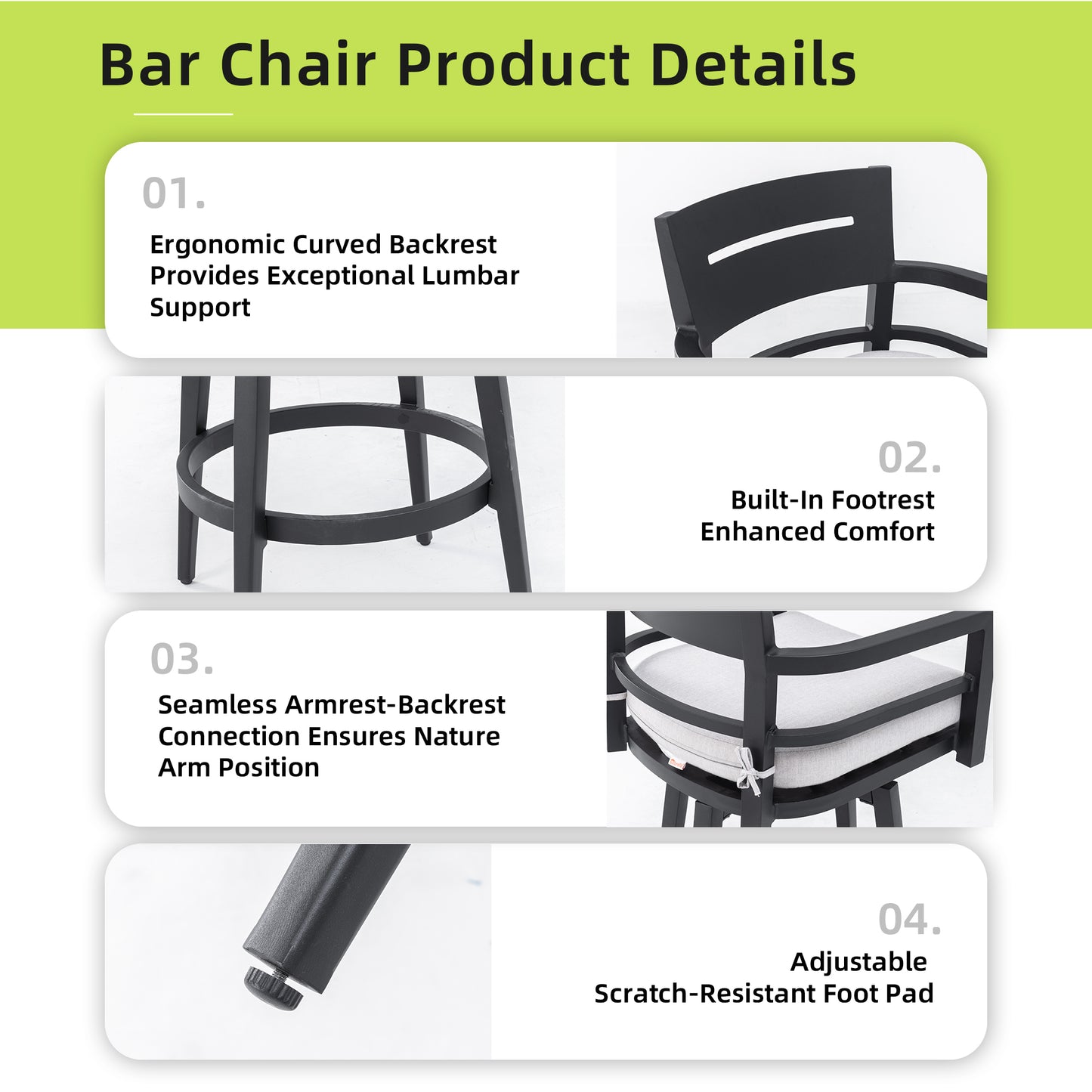 Modern Outdoor 2-Piece Swivel Bar Chairs – Aluminum Frame with Ember Black, 360° Swivel, Ergonomic Backrest & Armrests, Tapered Legs, Sunbrella Cushion, Weather-Resistant & Durable Patio Bar Stool