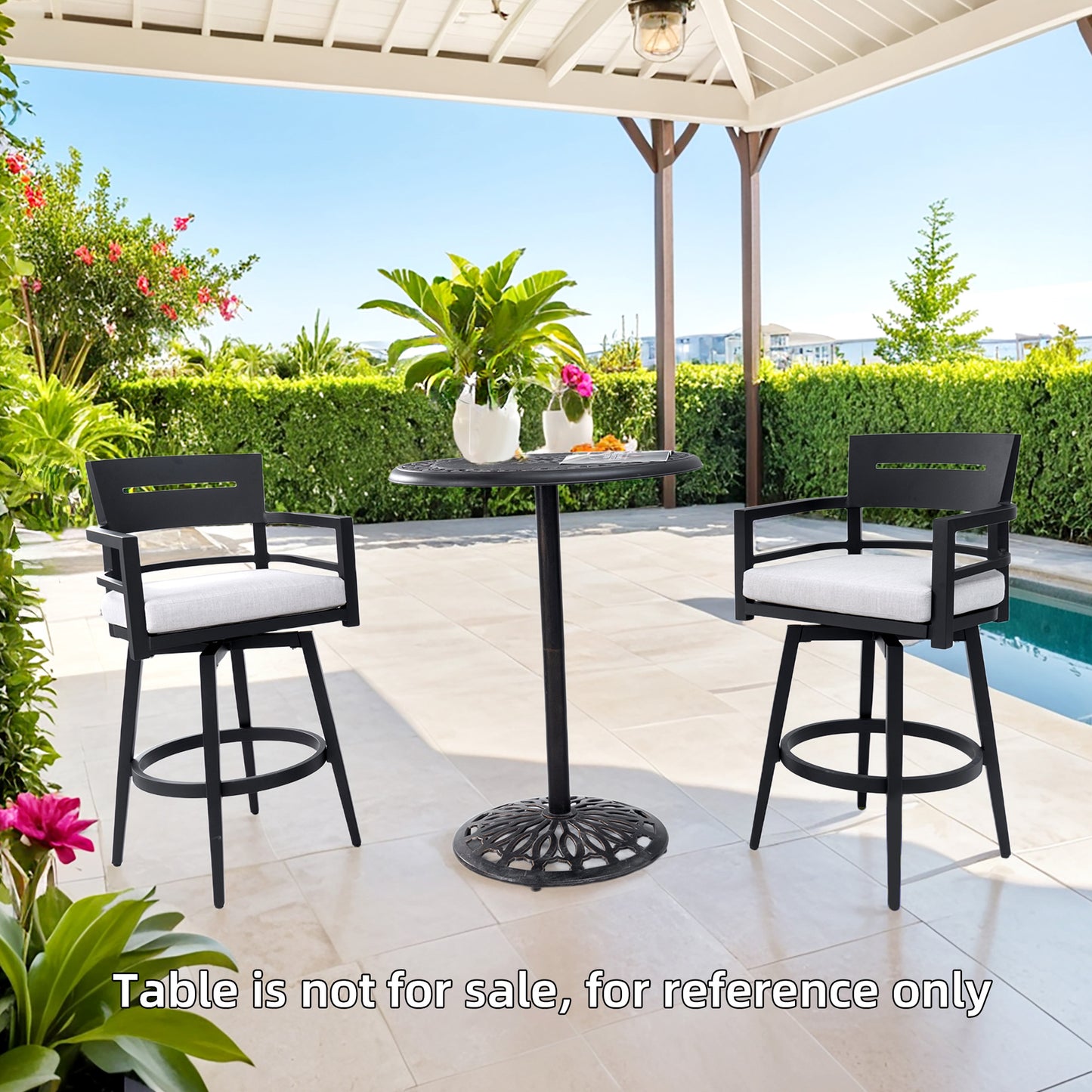 Modern Outdoor 2-Piece Swivel Bar Chairs – Aluminum Frame with Ember Black, 360° Swivel, Ergonomic Backrest & Armrests, Tapered Legs, Sunbrella Cushion, Weather-Resistant & Durable Patio Bar Stool