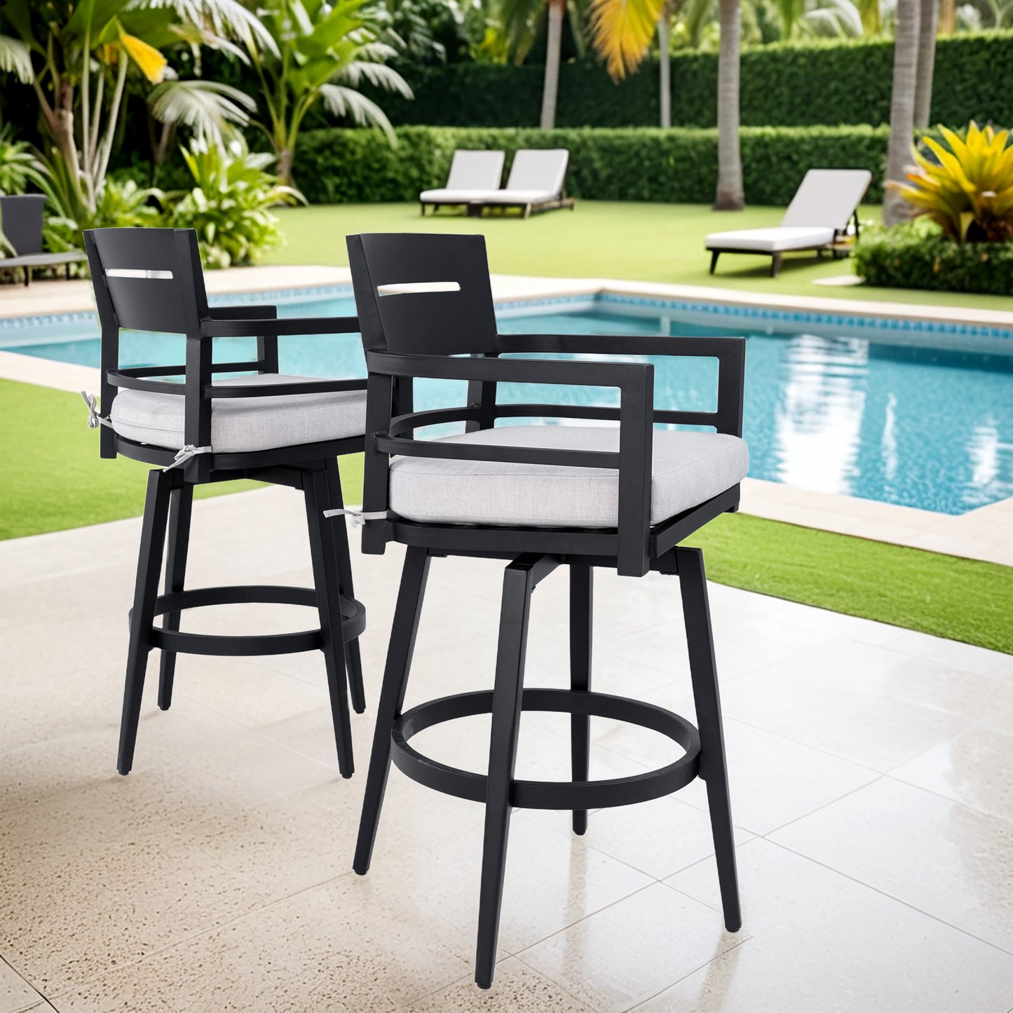 Modern Outdoor 2-Piece Swivel Bar Chairs – Aluminum Frame with Ember Black, 360° Swivel, Ergonomic Backrest & Armrests, Tapered Legs, Sunbrella Cushion, Weather-Resistant & Durable Patio Bar Stool