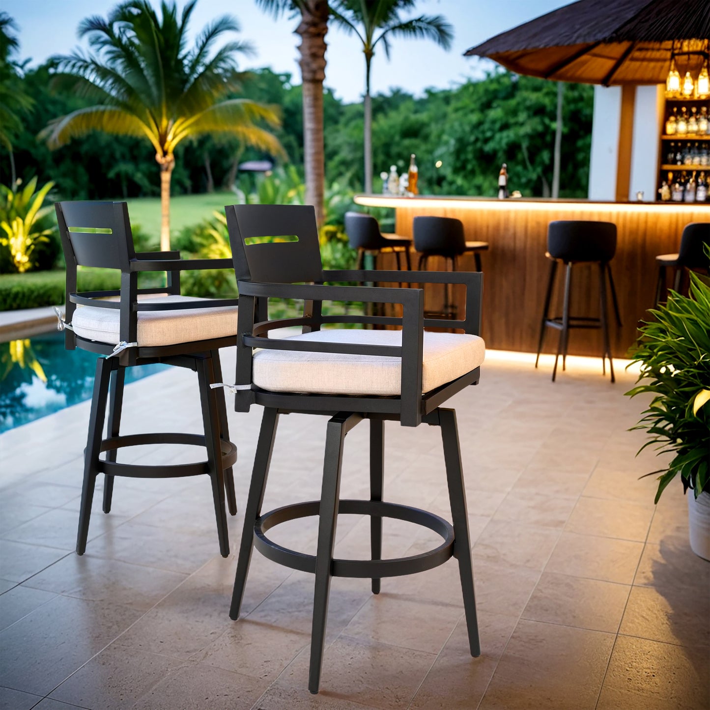 Modern Outdoor 2-Piece Swivel Bar Chairs – Aluminum Frame with Ember Black, 360° Swivel, Ergonomic Backrest & Armrests, Tapered Legs, Sunbrella Cushion, Weather-Resistant & Durable Patio Bar Stool