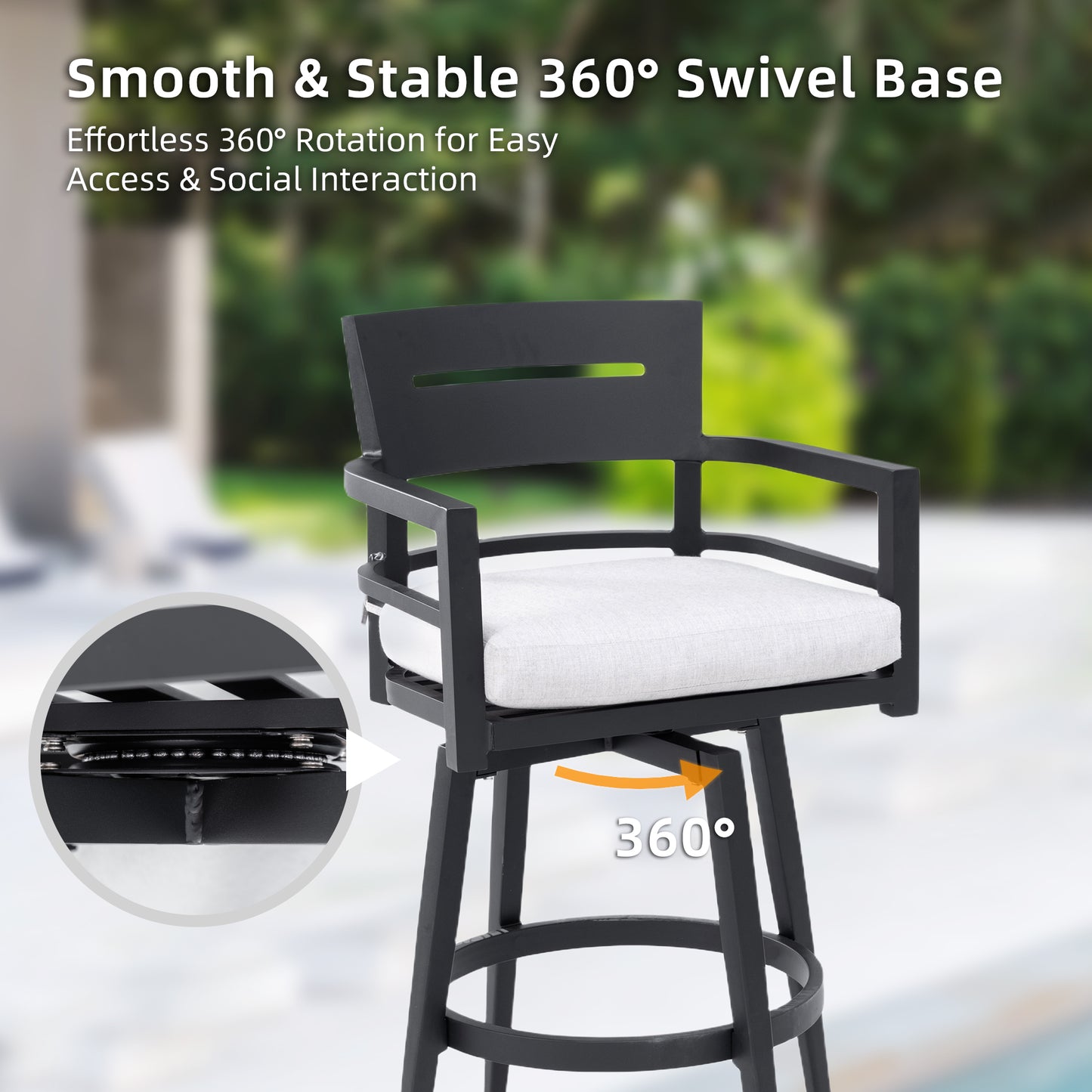 Modern Outdoor 2-Piece Swivel Bar Chairs – Aluminum Frame with Ember Black, 360° Swivel, Ergonomic Backrest & Armrests, Tapered Legs, Sunbrella Cushion, Weather-Resistant & Durable Patio Bar Stool