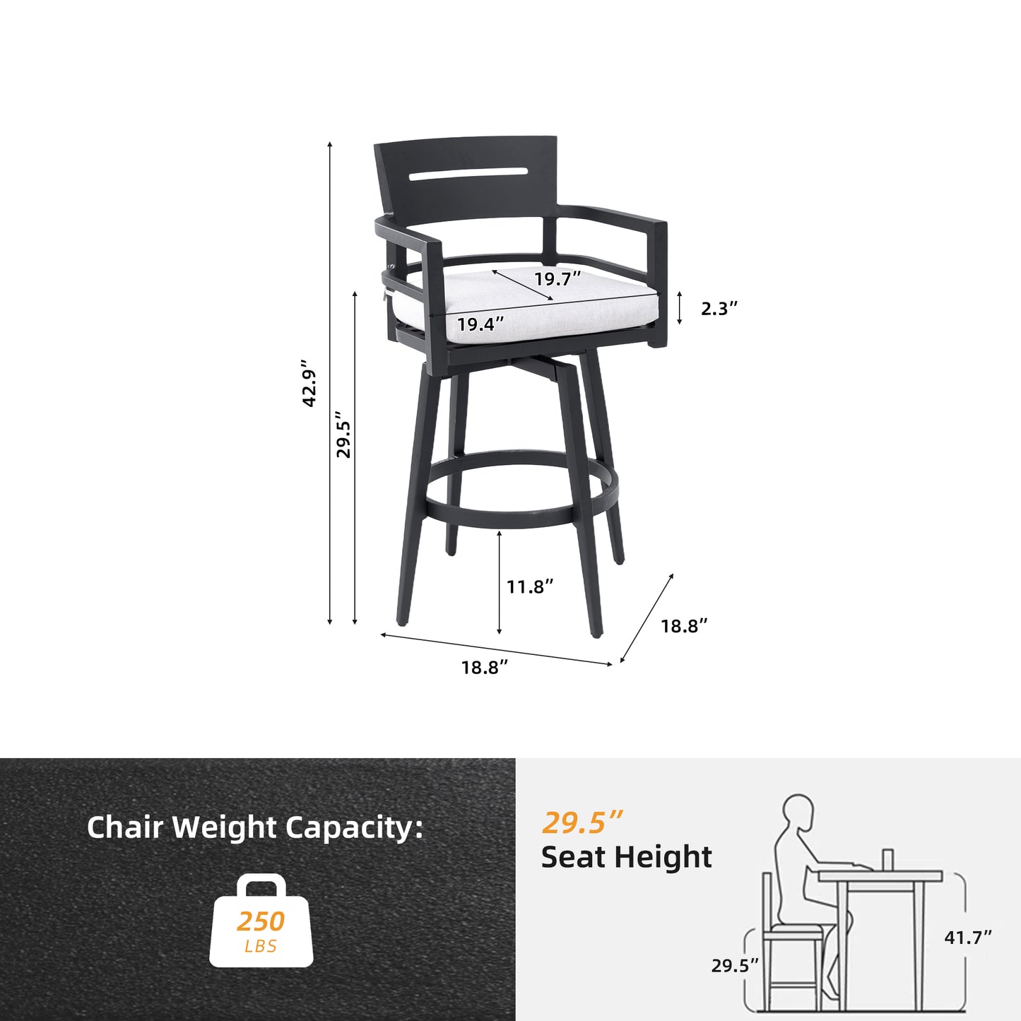 Modern Outdoor 2-Piece Swivel Bar Chairs – Aluminum Frame with Ember Black, 360° Swivel, Ergonomic Backrest & Armrests, Tapered Legs, Sunbrella Cushion, Weather-Resistant & Durable Patio Bar Stool