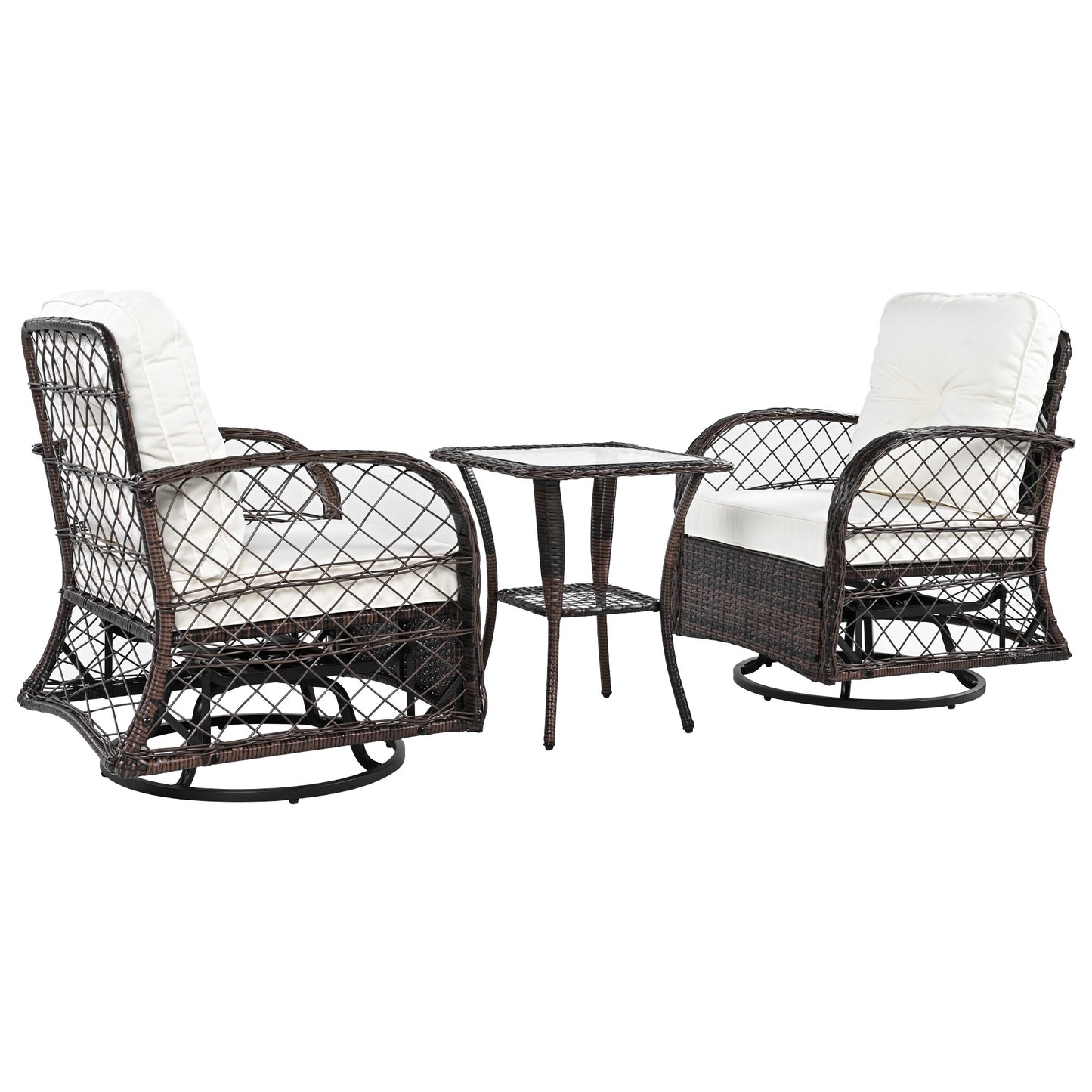 3-piece Outdoor Chair&Table Set Chat Set 2-person Rattan Seating Group with Two Swiveling and Rocking Chairs and a Square Table for Garden, Patio, or Balcony, Brown