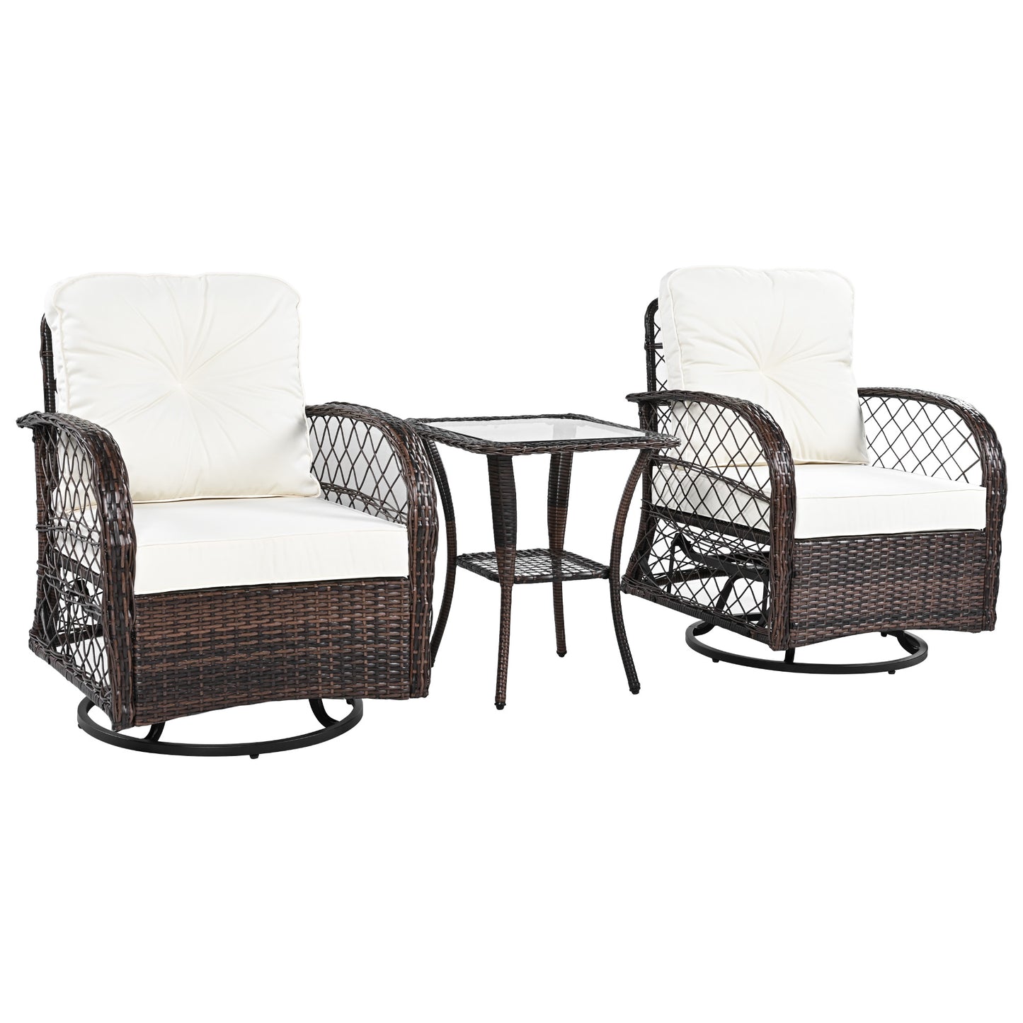 3-piece Outdoor Chair&Table Set Chat Set 2-person Rattan Seating Group with Two Swiveling and Rocking Chairs and a Square Table for Garden, Patio, or Balcony, Brown