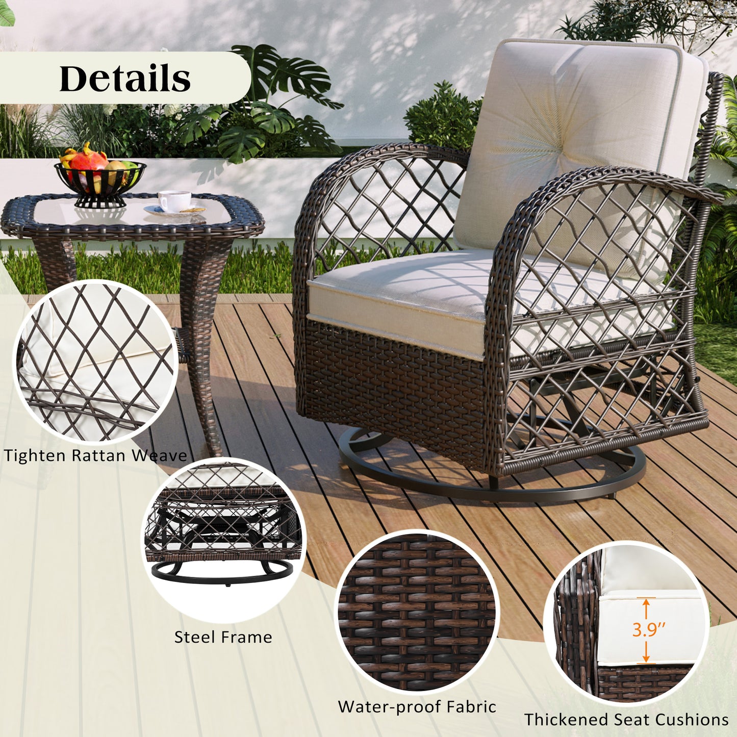 3-piece Outdoor Chair&Table Set Chat Set 2-person Rattan Seating Group with Two Swiveling and Rocking Chairs and a Square Table for Garden, Patio, or Balcony, Brown