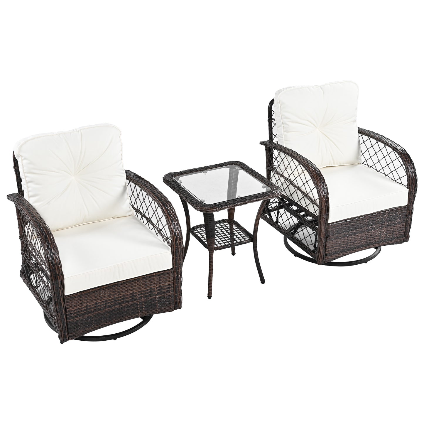 3-piece Outdoor Chair&Table Set Chat Set 2-person Rattan Seating Group with Two Swiveling and Rocking Chairs and a Square Table for Garden, Patio, or Balcony, Brown