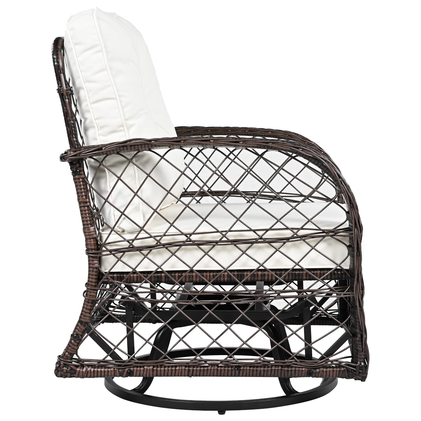 3-piece Outdoor Chair&Table Set Chat Set 2-person Rattan Seating Group with Two Swiveling and Rocking Chairs and a Square Table for Garden, Patio, or Balcony, Brown