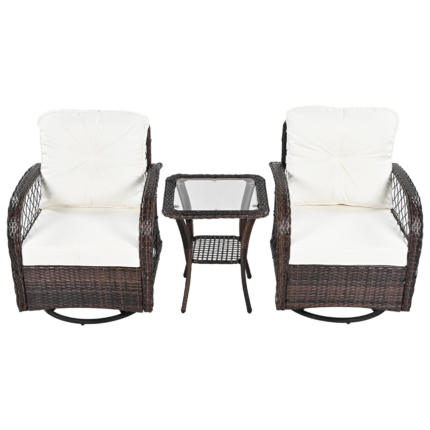 3-piece Outdoor Chair&Table Set Chat Set 2-person Rattan Seating Group with Two Swiveling and Rocking Chairs and a Square Table for Garden, Patio, or Balcony, Brown
