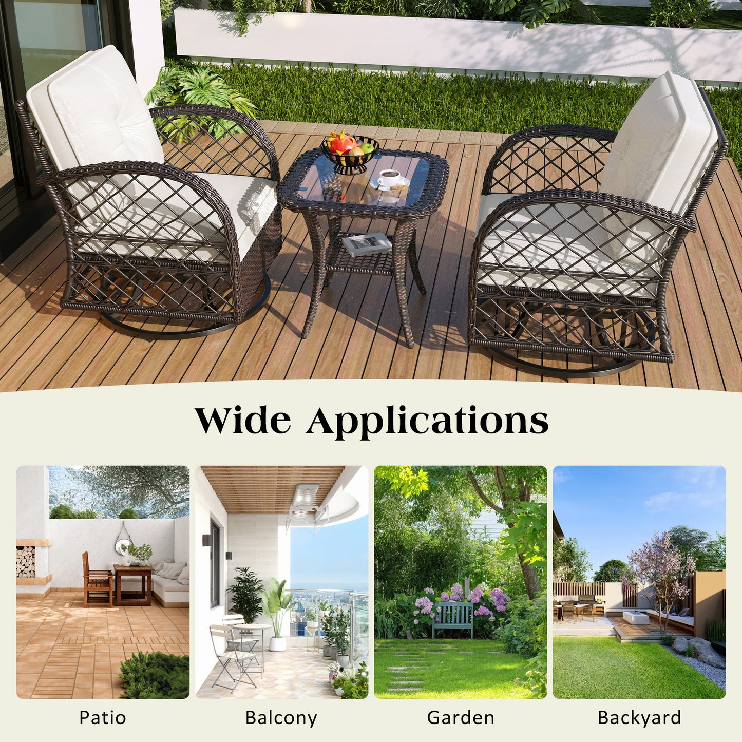 3-piece Outdoor Chair&Table Set Chat Set 2-person Rattan Seating Group with Two Swiveling and Rocking Chairs and a Square Table for Garden, Patio, or Balcony, Brown