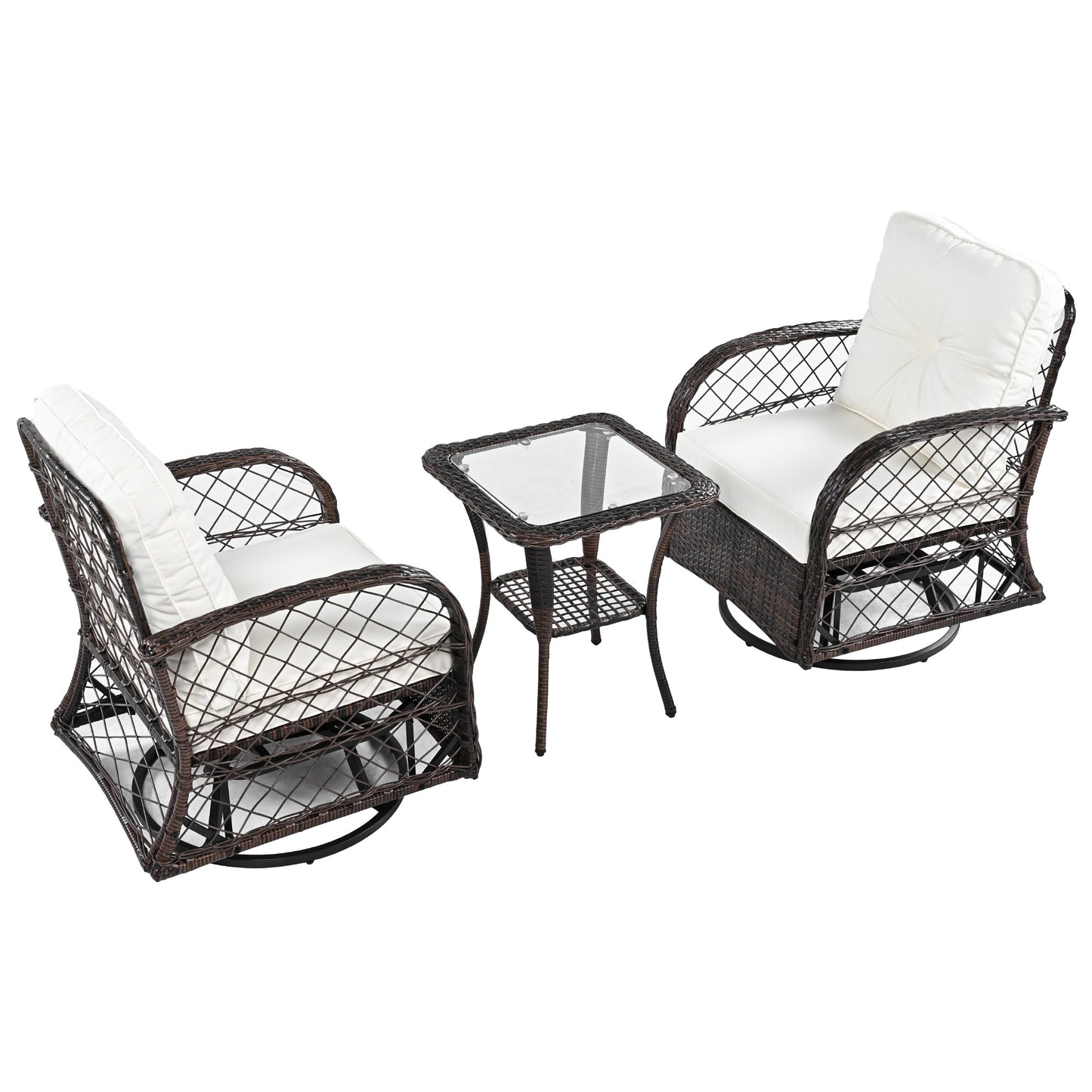 3-piece Outdoor Chair&Table Set Chat Set 2-person Rattan Seating Group with Two Swiveling and Rocking Chairs and a Square Table for Garden, Patio, or Balcony, Brown