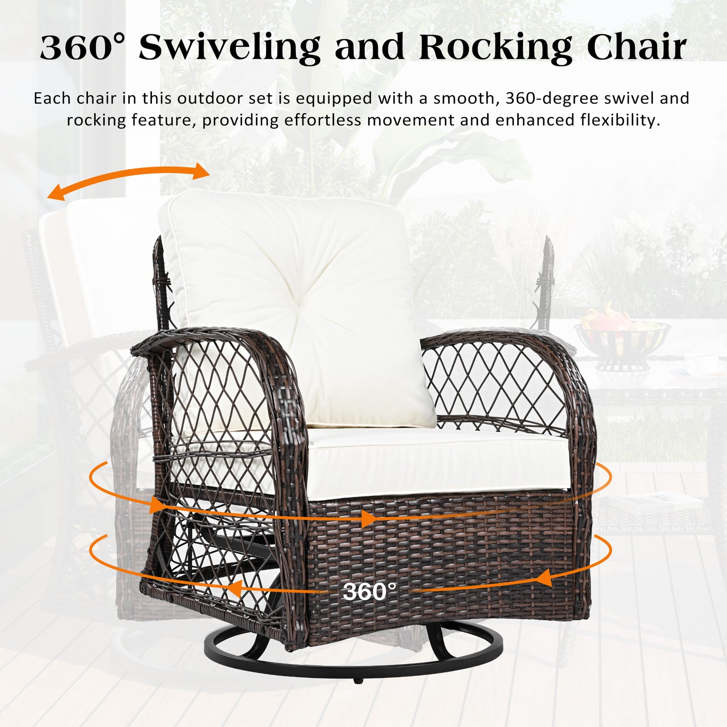 3-piece Outdoor Chair&Table Set Chat Set 2-person Rattan Seating Group with Two Swiveling and Rocking Chairs and a Square Table for Garden, Patio, or Balcony, Brown