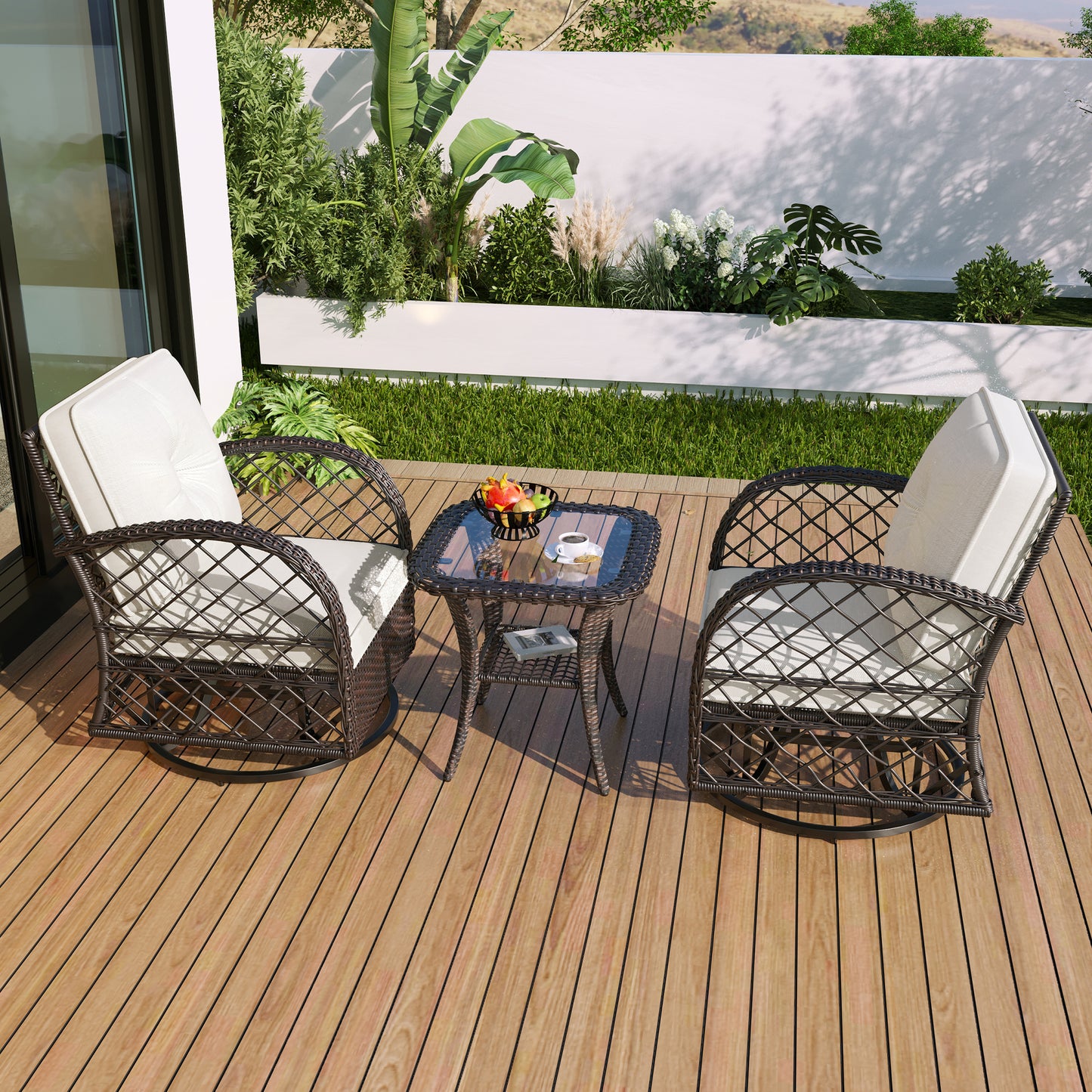 3-piece Outdoor Chair&Table Set Chat Set 2-person Rattan Seating Group with Two Swiveling and Rocking Chairs and a Square Table for Garden, Patio, or Balcony, Brown