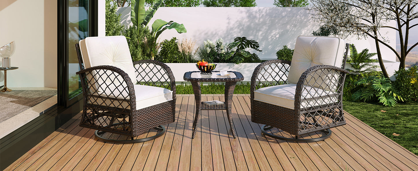 3-piece Outdoor Chair&Table Set Chat Set 2-person Rattan Seating Group with Two Swiveling and Rocking Chairs and a Square Table for Garden, Patio, or Balcony, Brown