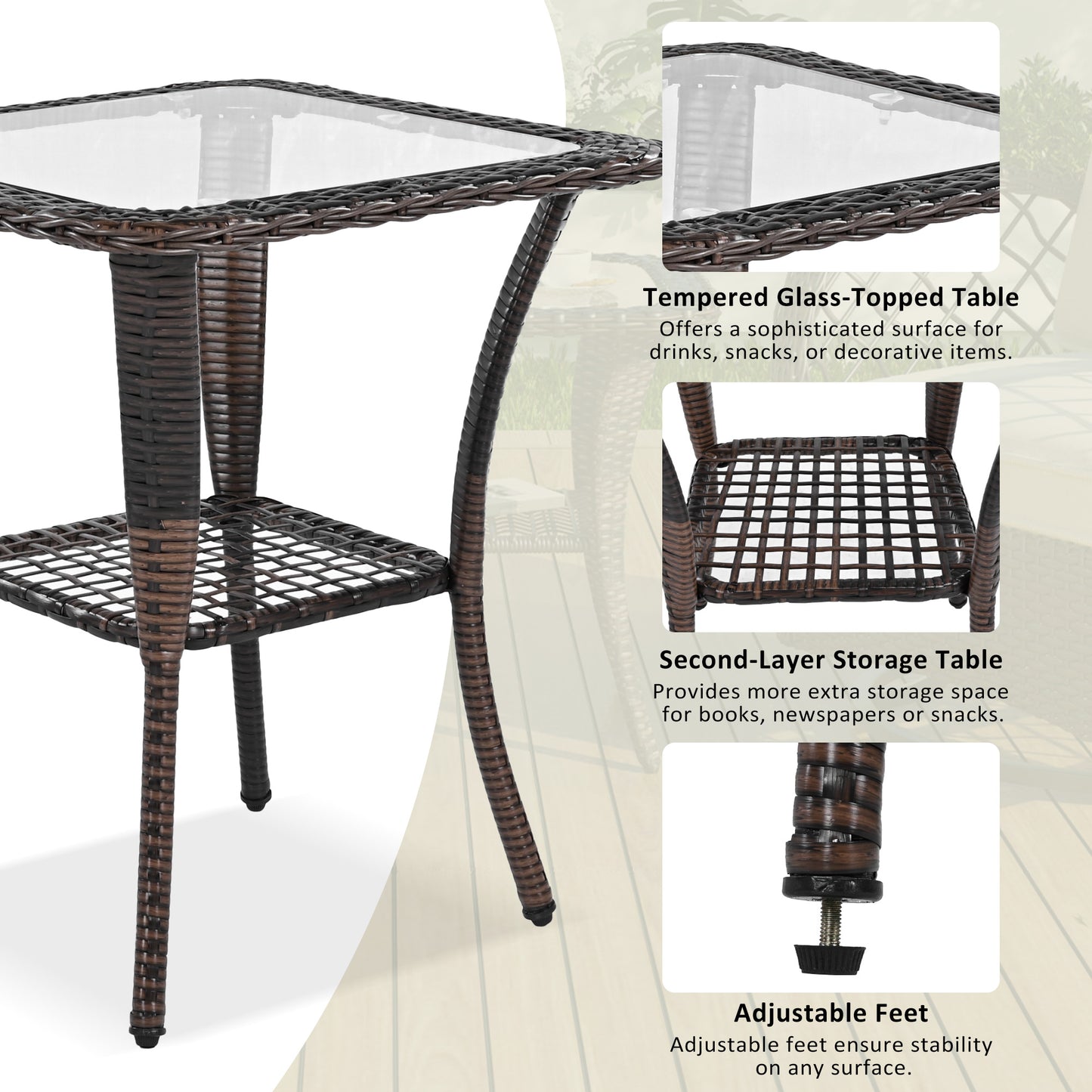 3-piece Outdoor Chair&Table Set Chat Set 2-person Rattan Seating Group with Two Swiveling and Rocking Chairs and a Square Table for Garden, Patio, or Balcony, Brown