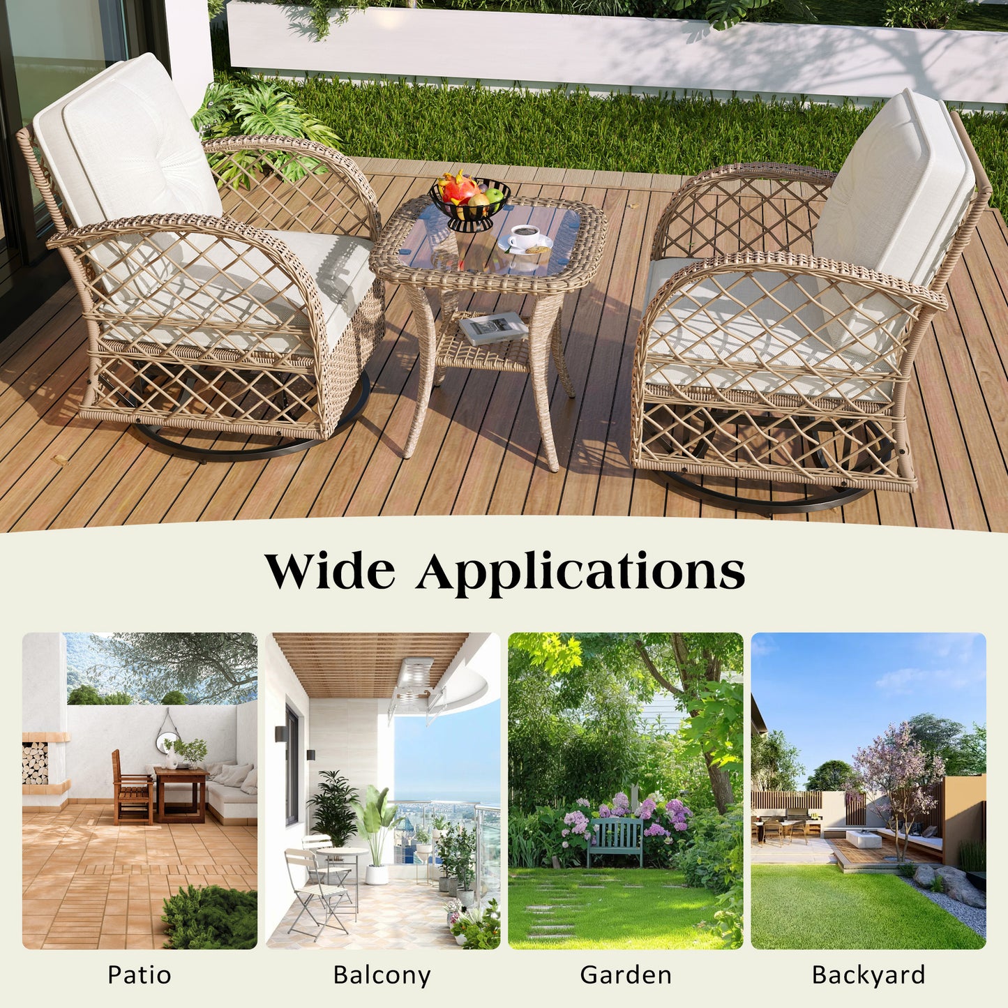 3-piece Outdoor Chair&Table Set Chat Set 2-person Rattan Seating Group with Two Two Swiveling and Rocking Chairs and a Square Table for Garden, Patio, or Balcony, Natural