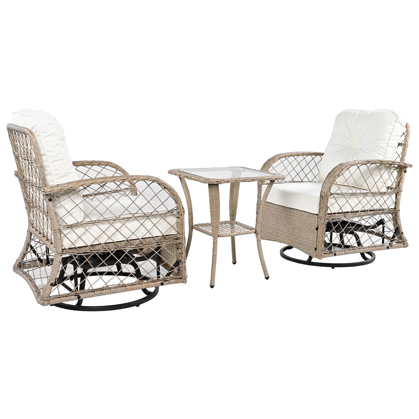 3-piece Outdoor Chair&Table Set Chat Set 2-person Rattan Seating Group with Two Two Swiveling and Rocking Chairs and a Square Table for Garden, Patio, or Balcony, Natural