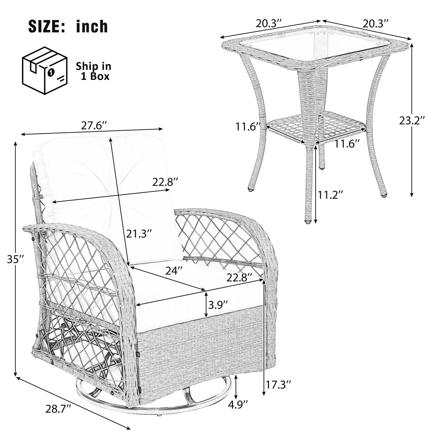3-piece Outdoor Chair&Table Set Chat Set 2-person Rattan Seating Group with Two Two Swiveling and Rocking Chairs and a Square Table for Garden, Patio, or Balcony, Natural