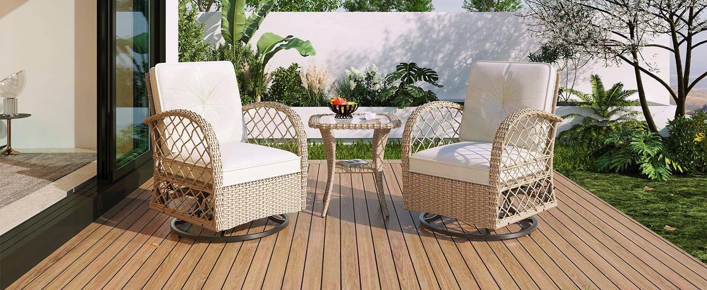 3-piece Outdoor Chair&Table Set Chat Set 2-person Rattan Seating Group with Two Two Swiveling and Rocking Chairs and a Square Table for Garden, Patio, or Balcony, Natural