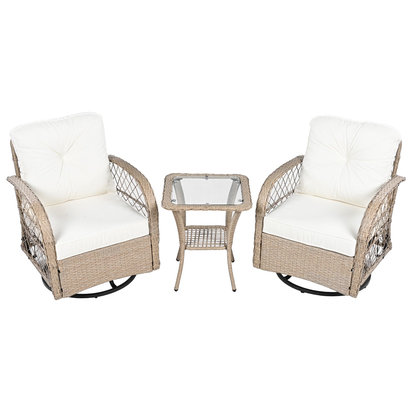 3-piece Outdoor Chair&Table Set Chat Set 2-person Rattan Seating Group with Two Two Swiveling and Rocking Chairs and a Square Table for Garden, Patio, or Balcony, Natural