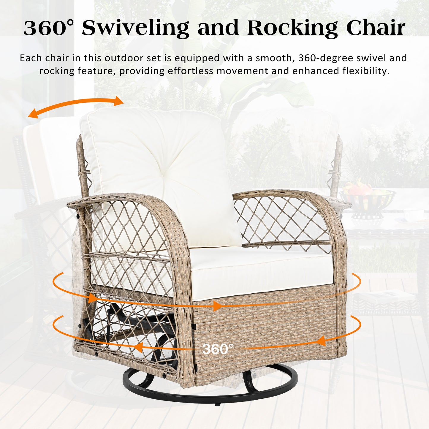 3-piece Outdoor Chair&Table Set Chat Set 2-person Rattan Seating Group with Two Two Swiveling and Rocking Chairs and a Square Table for Garden, Patio, or Balcony, Natural