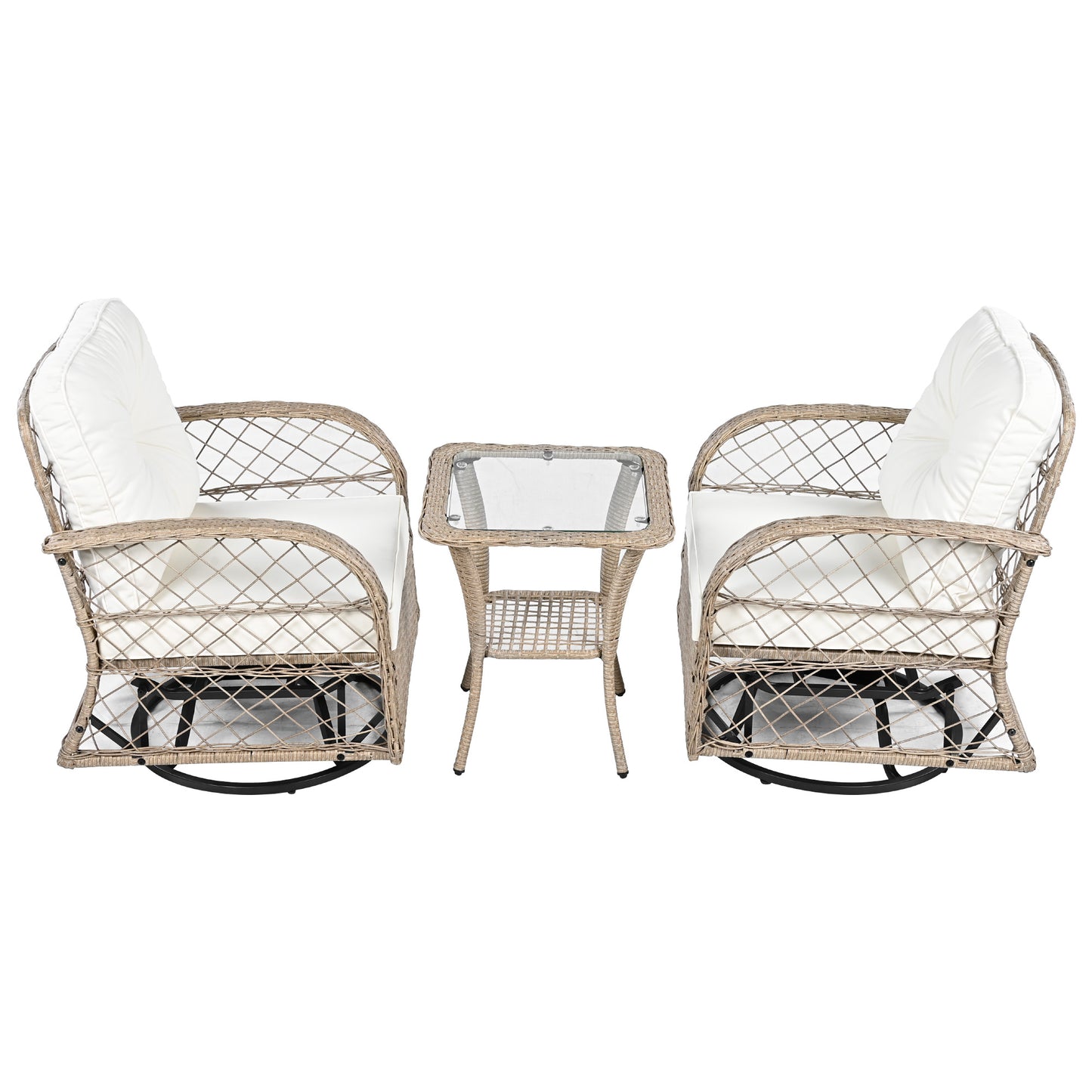 3-piece Outdoor Chair&Table Set Chat Set 2-person Rattan Seating Group with Two Two Swiveling and Rocking Chairs and a Square Table for Garden, Patio, or Balcony, Natural