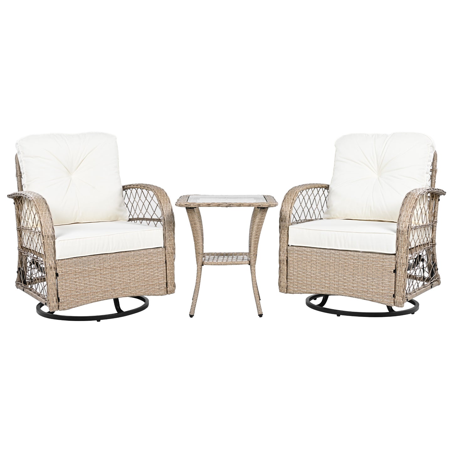 3-piece Outdoor Chair&Table Set Chat Set 2-person Rattan Seating Group with Two Two Swiveling and Rocking Chairs and a Square Table for Garden, Patio, or Balcony, Natural