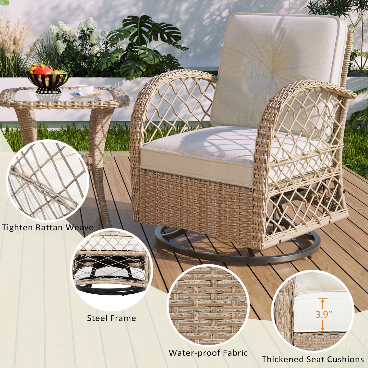 3-piece Outdoor Chair&Table Set Chat Set 2-person Rattan Seating Group with Two Two Swiveling and Rocking Chairs and a Square Table for Garden, Patio, or Balcony, Natural