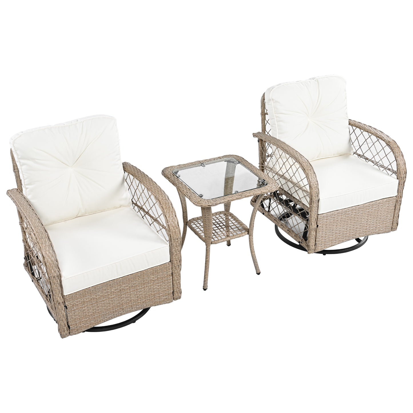 3-piece Outdoor Chair&Table Set Chat Set 2-person Rattan Seating Group with Two Two Swiveling and Rocking Chairs and a Square Table for Garden, Patio, or Balcony, Natural