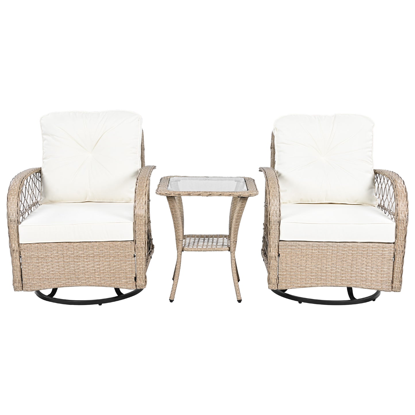 3-piece Outdoor Chair&Table Set Chat Set 2-person Rattan Seating Group with Two Two Swiveling and Rocking Chairs and a Square Table for Garden, Patio, or Balcony, Natural