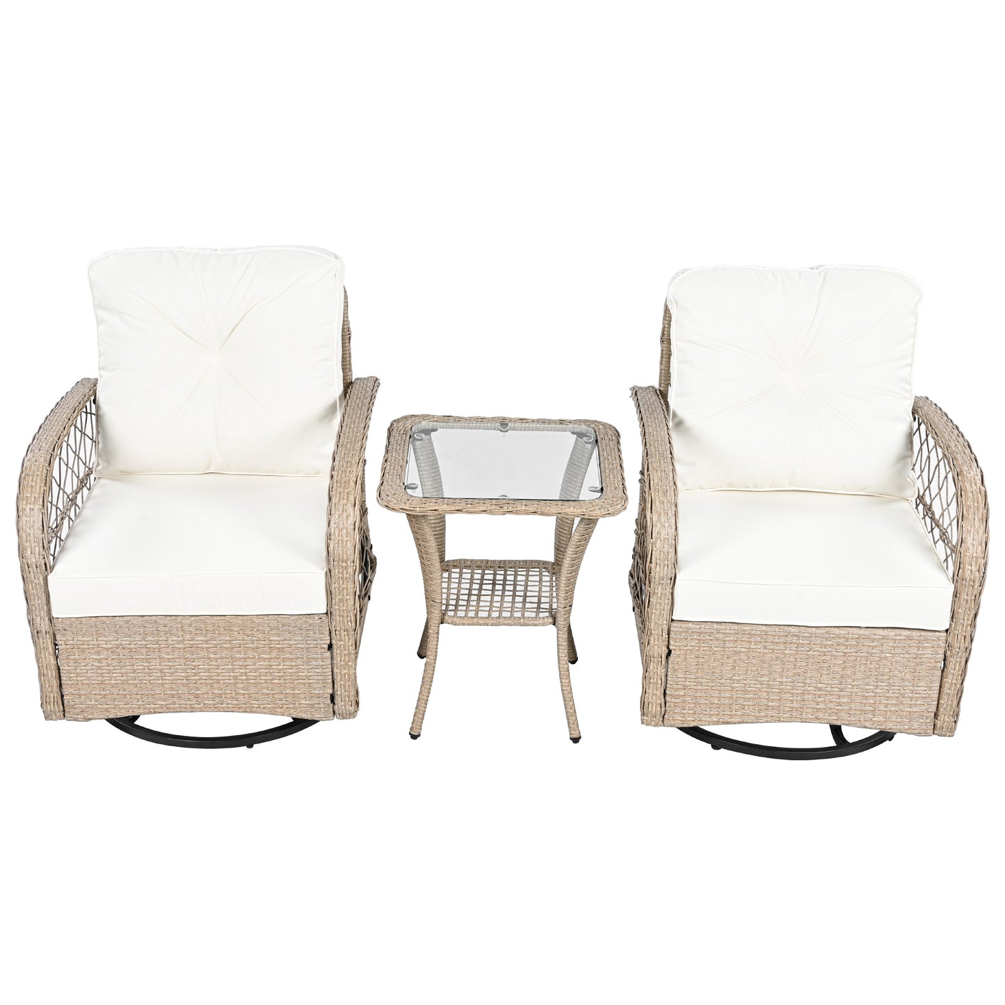 3-piece Outdoor Chair&Table Set Chat Set 2-person Rattan Seating Group with Two Two Swiveling and Rocking Chairs and a Square Table for Garden, Patio, or Balcony, Natural