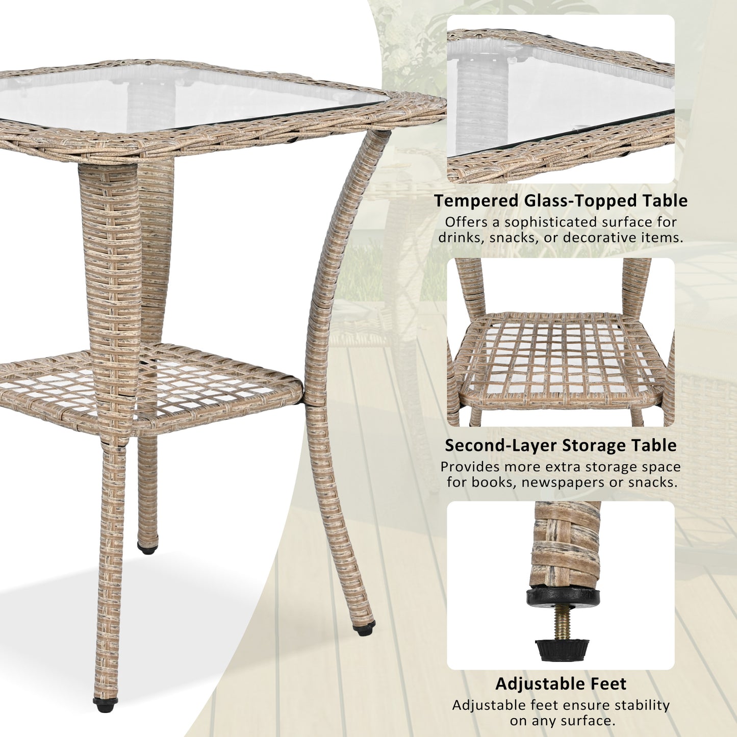 3-piece Outdoor Chair&Table Set Chat Set 2-person Rattan Seating Group with Two Two Swiveling and Rocking Chairs and a Square Table for Garden, Patio, or Balcony, Natural