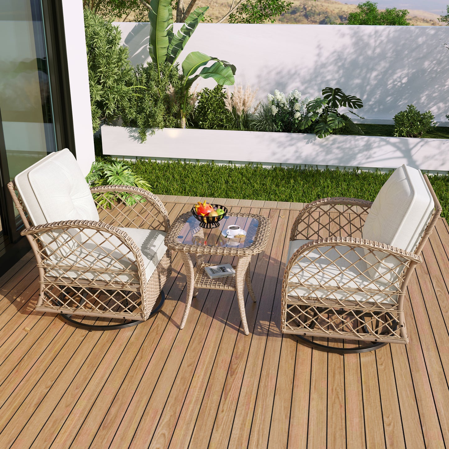 3-piece Outdoor Chair&Table Set Chat Set 2-person Rattan Seating Group with Two Two Swiveling and Rocking Chairs and a Square Table for Garden, Patio, or Balcony, Natural