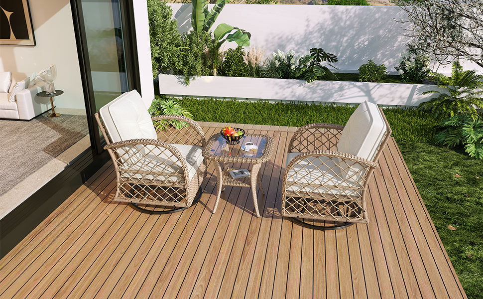 3-piece Outdoor Chair&Table Set Chat Set 2-person Rattan Seating Group with Two Two Swiveling and Rocking Chairs and a Square Table for Garden, Patio, or Balcony, Natural
