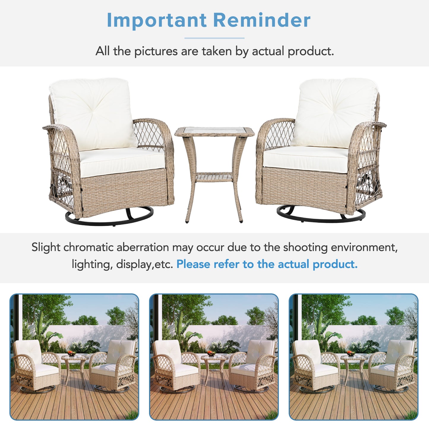 3-piece Outdoor Chair&Table Set Chat Set 2-person Rattan Seating Group with Two Two Swiveling and Rocking Chairs and a Square Table for Garden, Patio, or Balcony, Natural