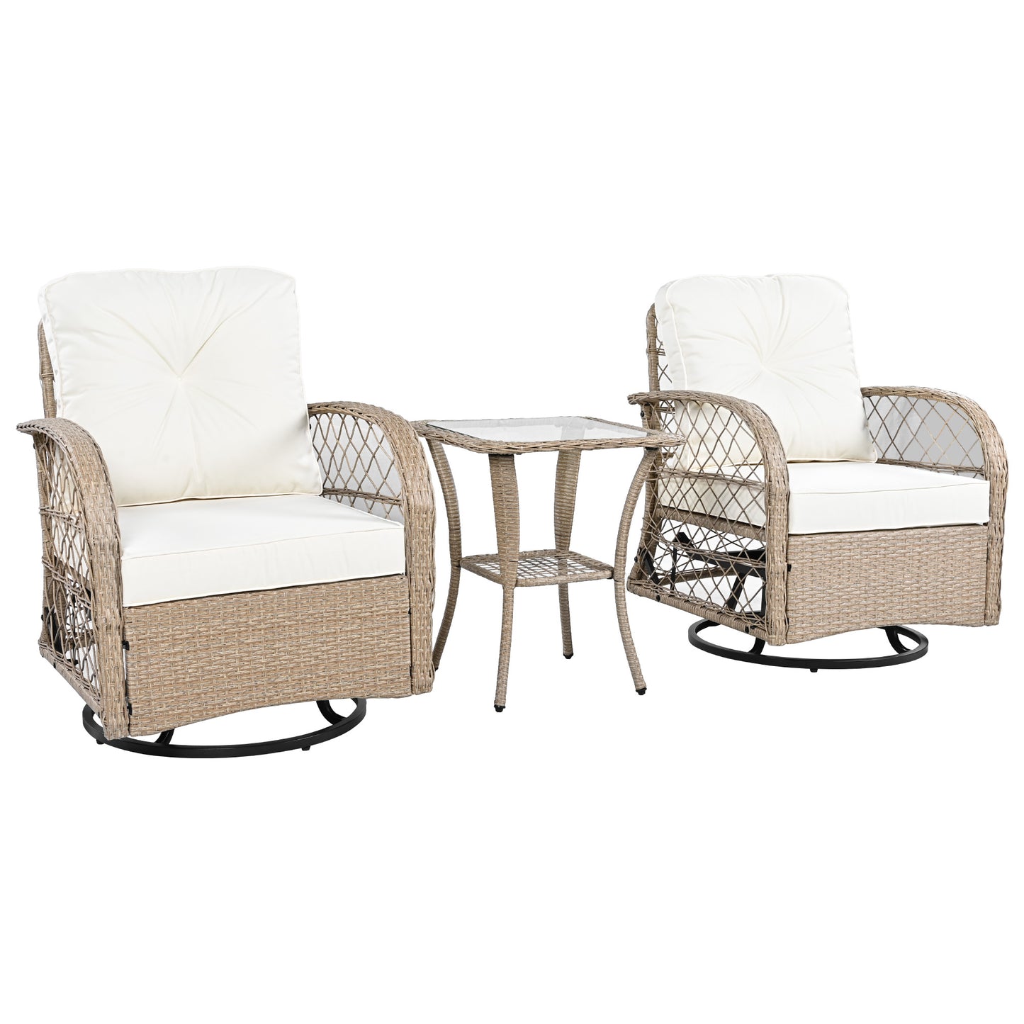 3-piece Outdoor Chair&Table Set Chat Set 2-person Rattan Seating Group with Two Two Swiveling and Rocking Chairs and a Square Table for Garden, Patio, or Balcony, Natural