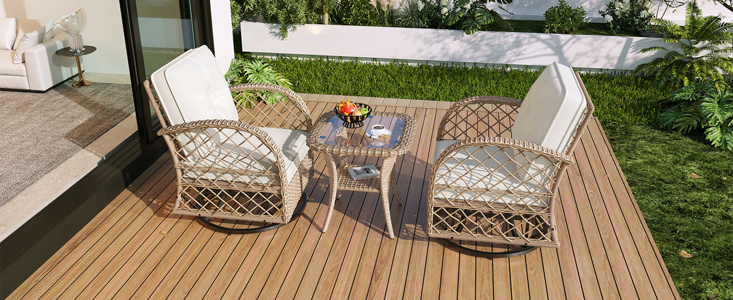 3-piece Outdoor Chair&Table Set Chat Set 2-person Rattan Seating Group with Two Two Swiveling and Rocking Chairs and a Square Table for Garden, Patio, or Balcony, Natural