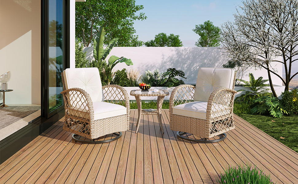 3-piece Outdoor Chair&Table Set Chat Set 2-person Rattan Seating Group with Two Two Swiveling and Rocking Chairs and a Square Table for Garden, Patio, or Balcony, Natural