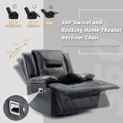 360° Swivel and Rocking Home Theater Recliner Manual Recliner Chair with a LED Light Strip for Living Room,Bedroom, Black