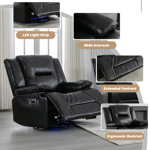 360° Swivel and Rocking Home Theater Recliner Manual Recliner Chair with a LED Light Strip for Living Room,Bedroom, Black