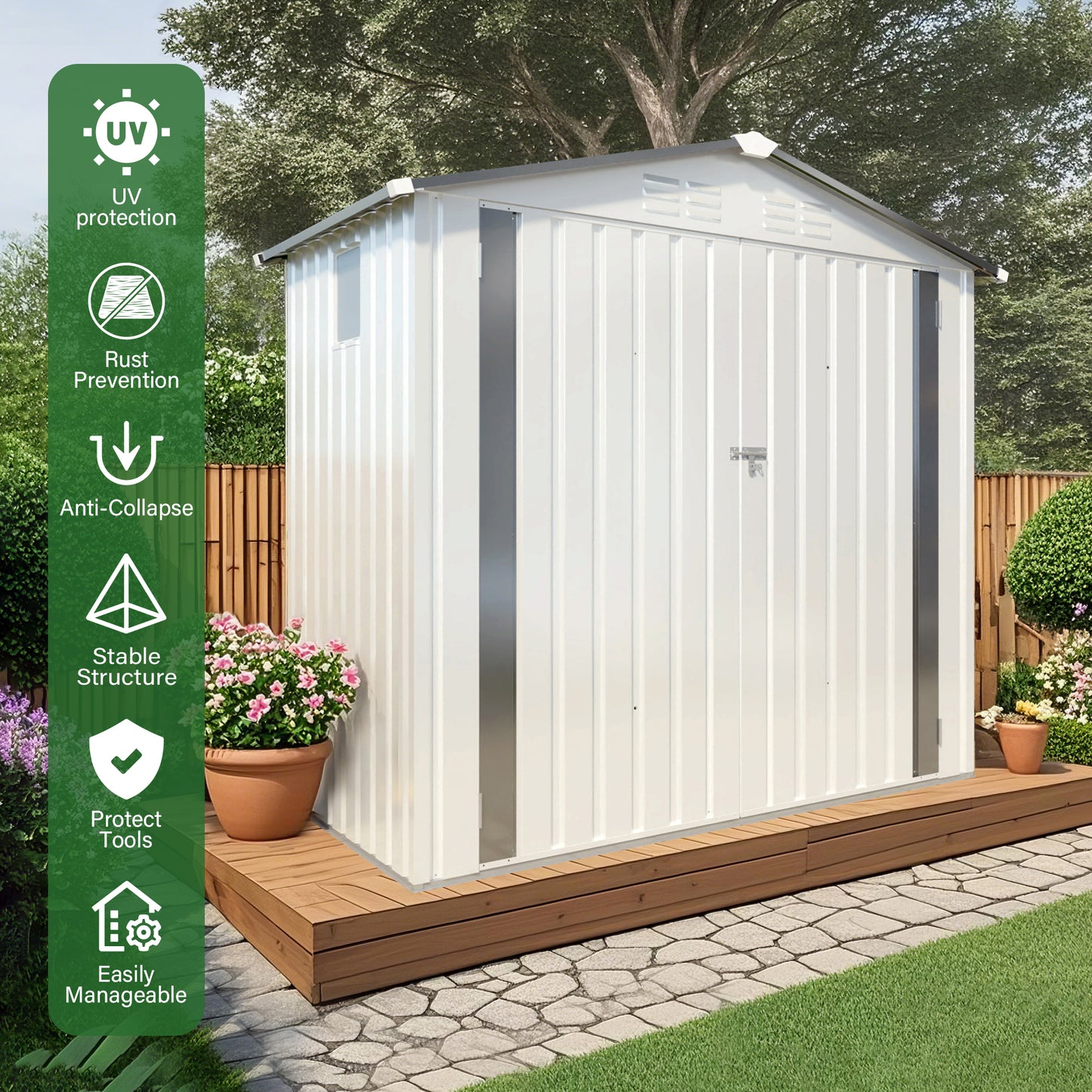 6X3.6FT Metal Storage Shed,Tool Shed with Peaked Roof Waterproof with Clear Window and Lockable Door Compact Tool Shed for Garden, Backyard,Patio,Sundries and Bike Storage, White