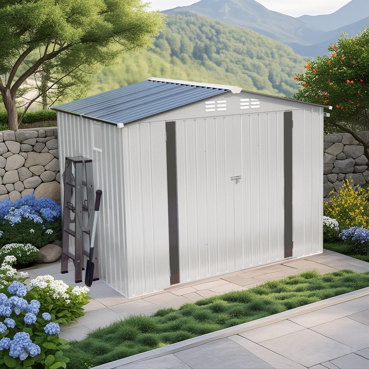 8X6 FT Metal Outdoor Storage Shed, Tool Shed with Pitched Roof Waterproof with Side Window and Lockable Door, Metal Tool Shed for Garden Tool Storage, Everyday Sundries and Bike Storage, White + Gray