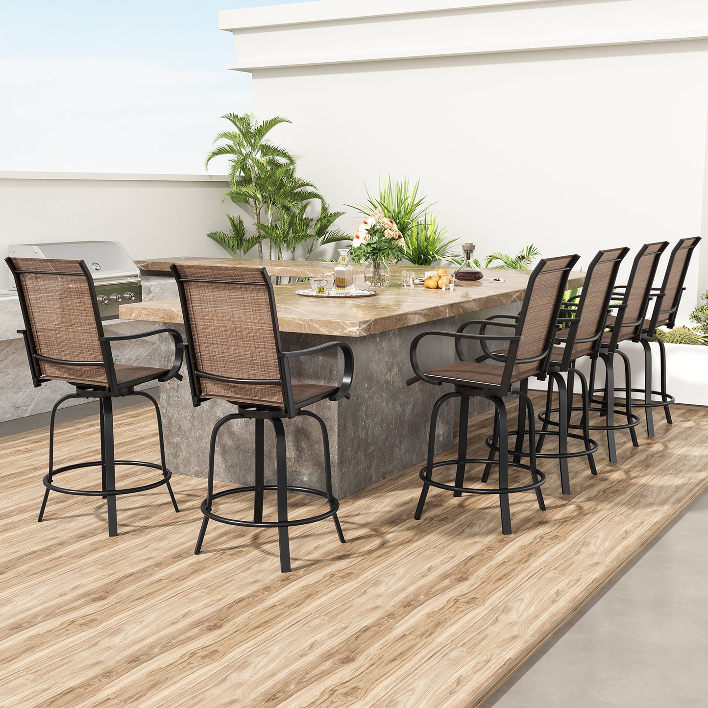 Patio Barstools Set of 2, Swivel Outdoor Patio Bar Stools with Textilene Fabric, Height Top Outdoor Chair 360° Swivel, All Weather Use, Ergonomic Comfort Bar Height Tall Stools for Outside