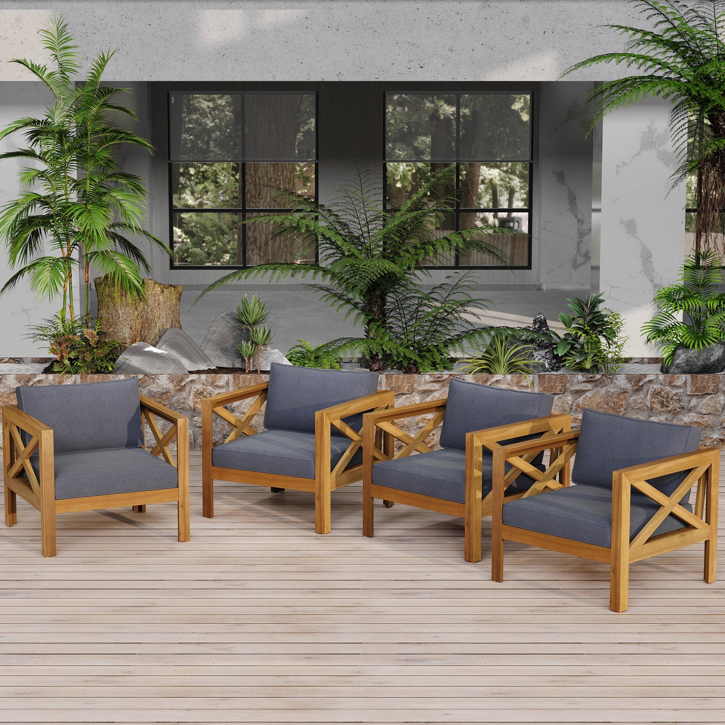 Outdoor Acacia Wood Club Wooden Armchair with Cushions (Set of 4), Conversation Set,Suitable For Outdoor Gatherings,Teak Finish,Dark Grey cushion