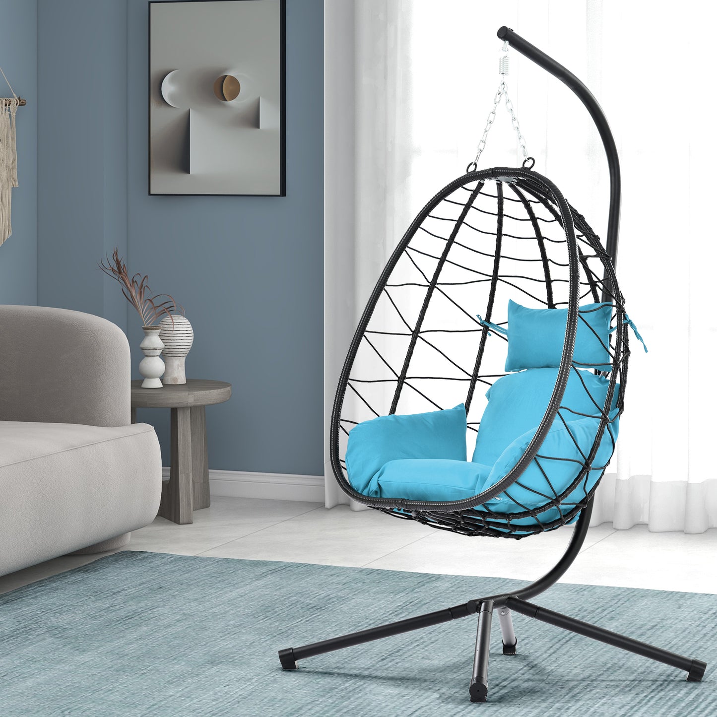 Egg Chair with Stand Indoor Outdoor Swing Chair Patio Wicker Hanging Egg Chair Hanging Basket Chair Hammock Chair with Stand for Bedroom Living Room Balcony