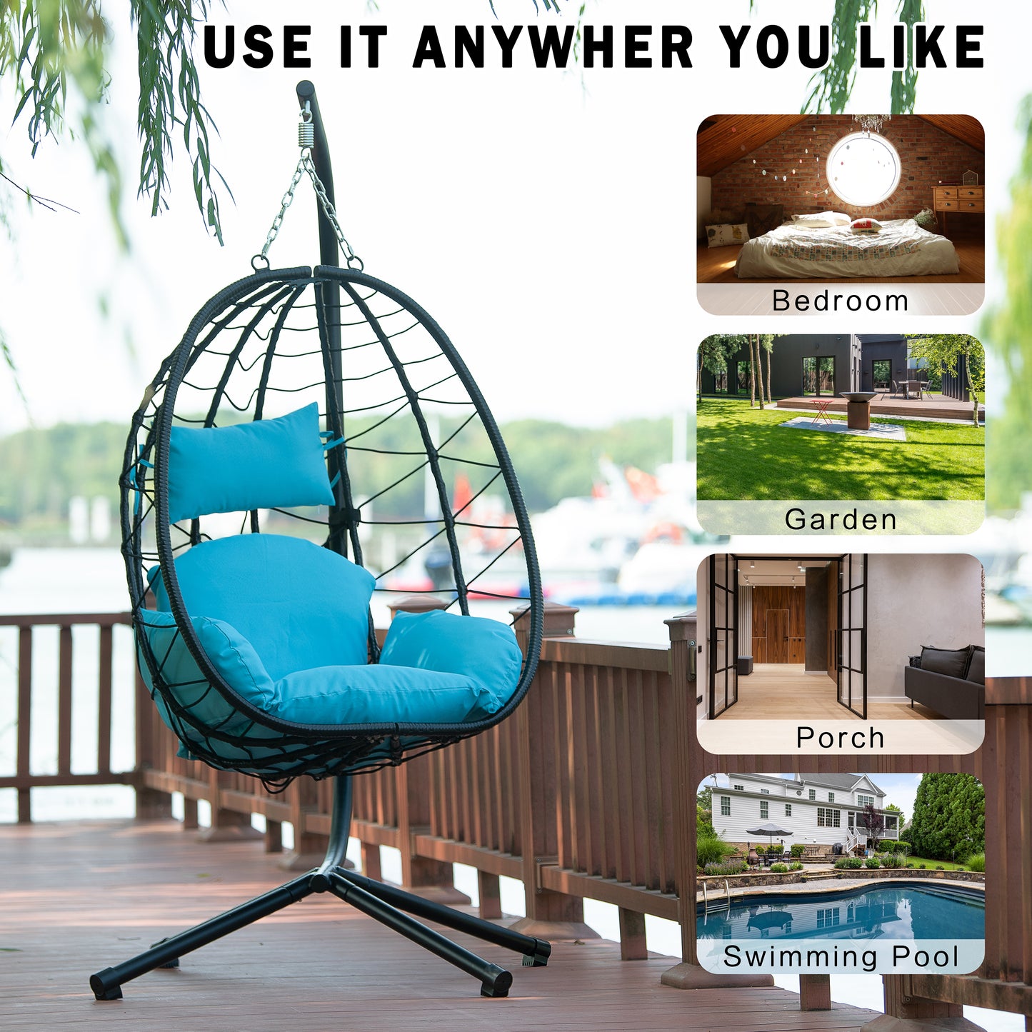 Egg Chair with Stand Indoor Outdoor Swing Chair Patio Wicker Hanging Egg Chair Hanging Basket Chair Hammock Chair with Stand for Bedroom Living Room Balcony