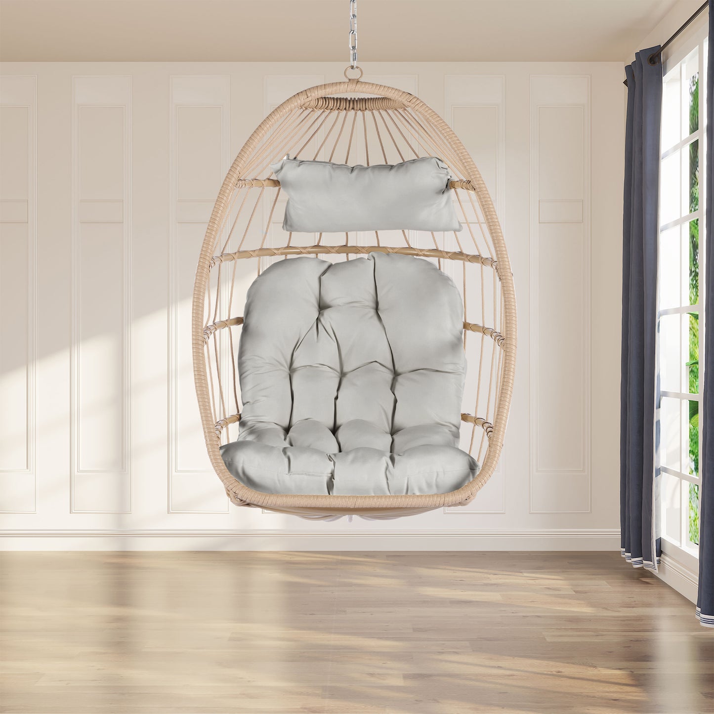 Outdoor Garden Rattan Egg Swing Chair Hanging Chair Wood+Light Gray